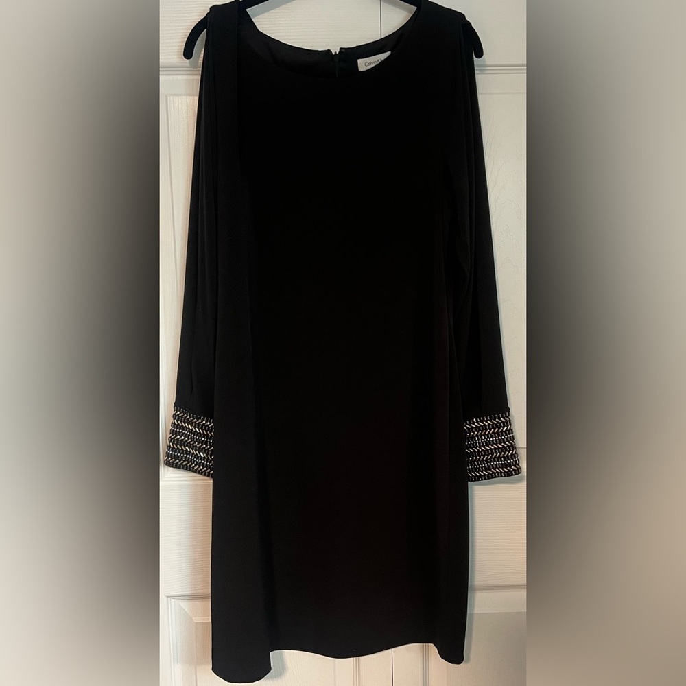 Calvin Klein Black Long Sleeve Shift Dress with Embellished Cuffs